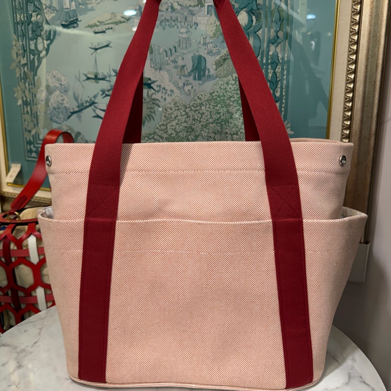 Hermes 粉拼紅帆布內印花棉府綢Cabriole銀釦肩背尿布袋H104481M-1