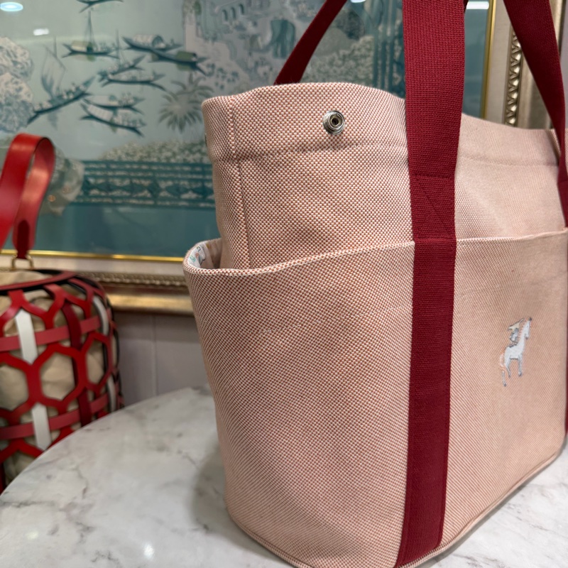 Hermes 粉拼紅帆布內印花棉府綢Cabriole銀釦肩背尿布袋H104481M-3