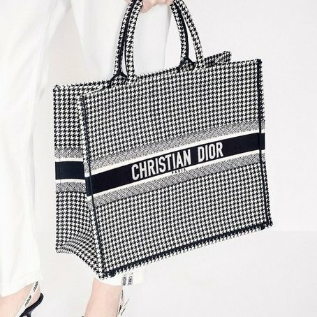 中號 ::Christian Dior:: Dior Book Tote 黑/白色千鳥格刺繡托特包 手提肩背包