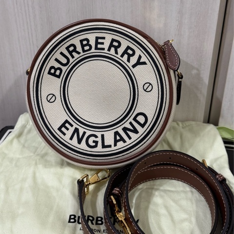 BURBERRY帆布拚棕牛皮雙層圓餅包