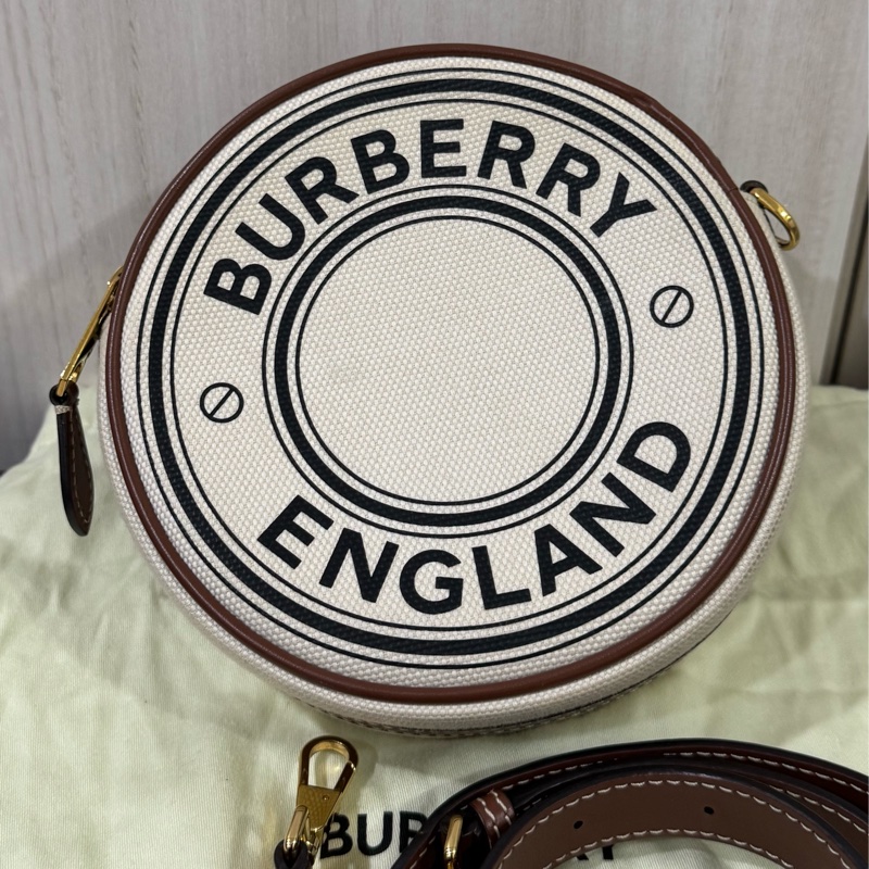BURBERRY帆布拚棕牛皮雙層圓餅包-1