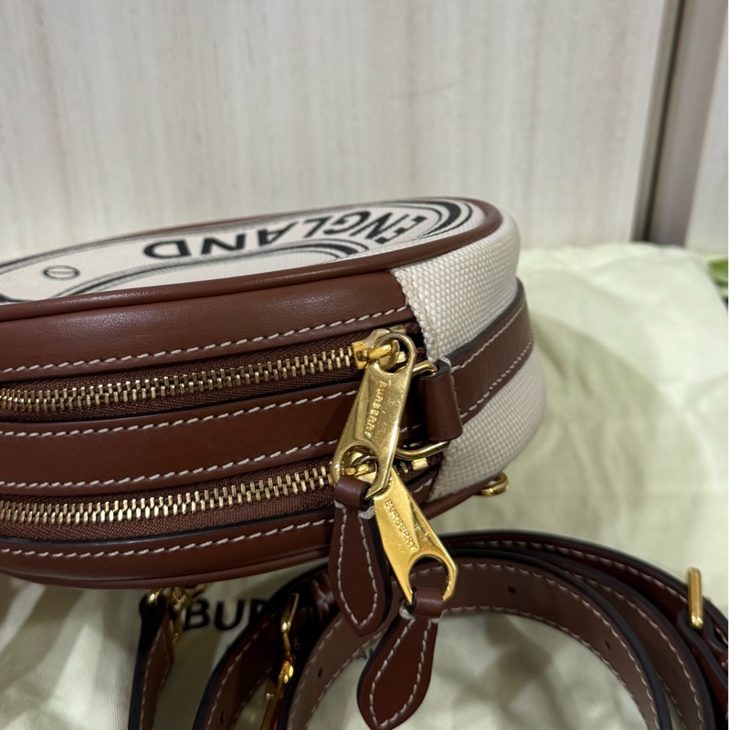 BURBERRY帆布拚棕牛皮雙層圓餅包-2
