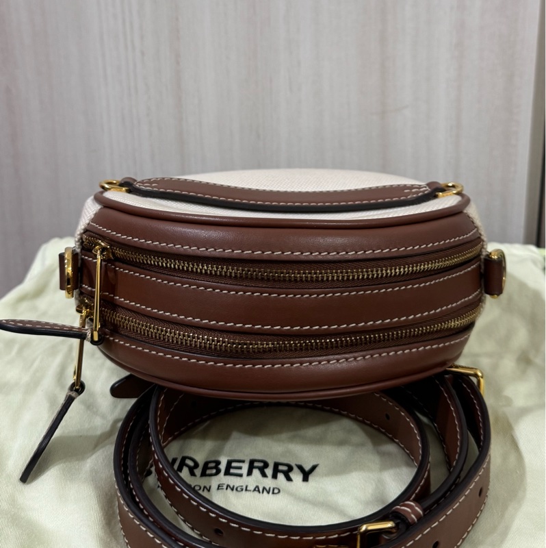 BURBERRY帆布拚棕牛皮雙層圓餅包-5