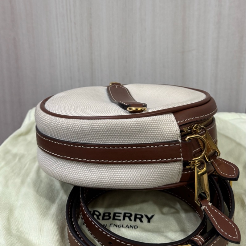 BURBERRY帆布拚棕牛皮雙層圓餅包-6