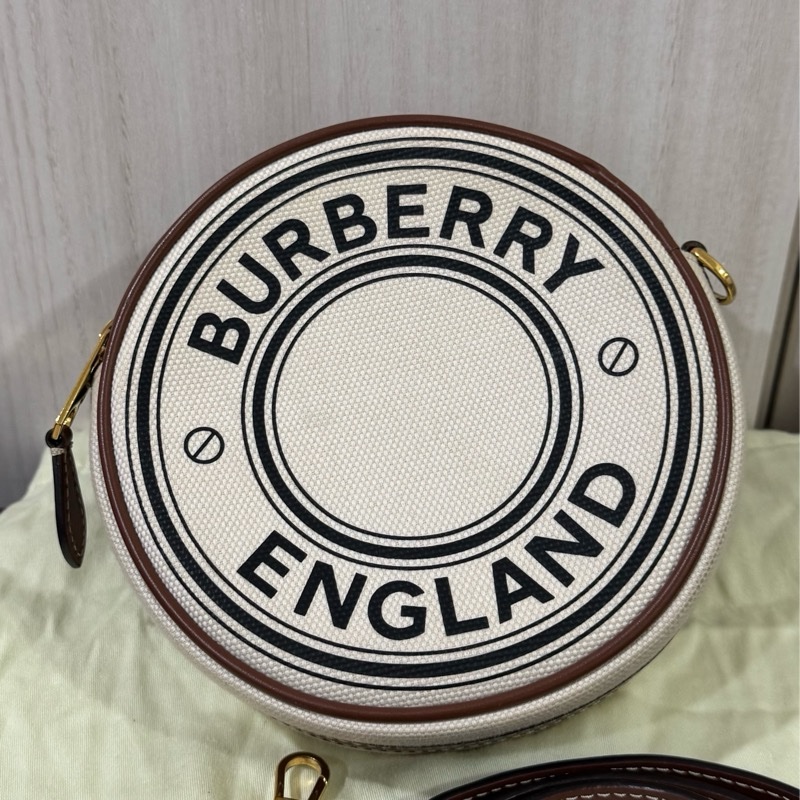 BURBERRY帆布拚棕牛皮雙層圓餅包-7