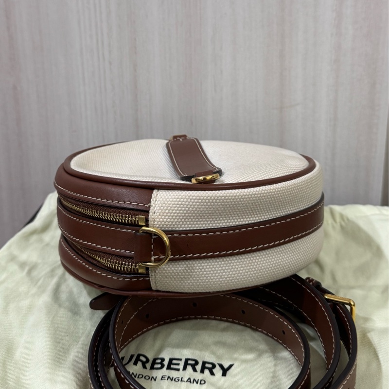 BURBERRY帆布拚棕牛皮雙層圓餅包-8