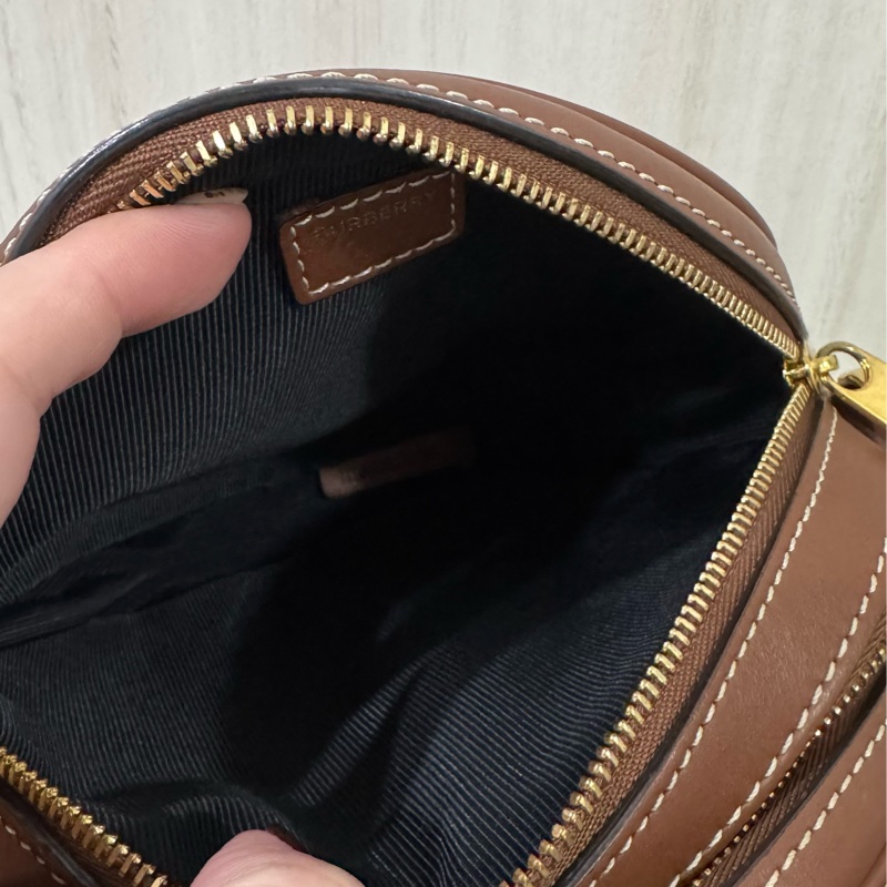 BURBERRY帆布拚棕牛皮雙層圓餅包-12