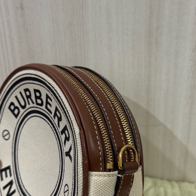 BURBERRY帆布拚棕牛皮雙層圓餅包-15