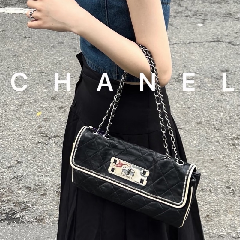 Chanel黑銀菱格紋鏈條包-5