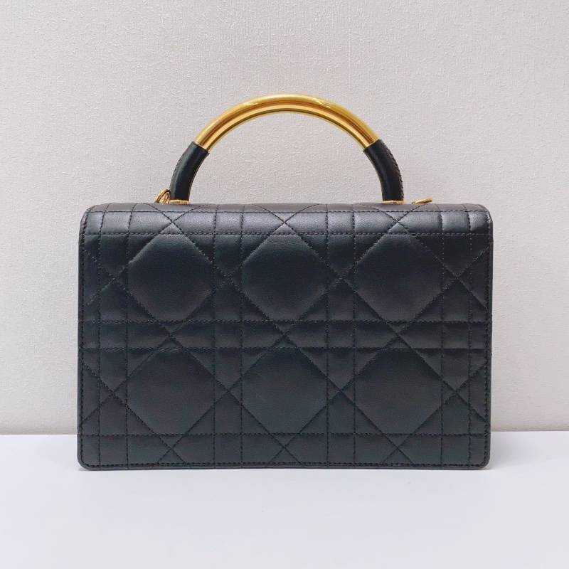 Dior Gold Top handle系列中號黑色牛皮菱格金屬手柄珍珠鏈條肩背斜背包25×17×7 99新配件塵袋購證-5