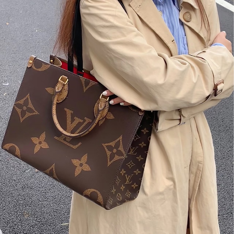 ☕️路易威登托特包LV老花雙拼色onthego MM手提肩背托特包M45321-0