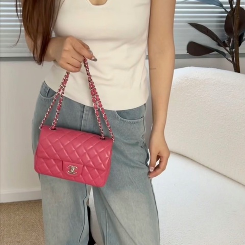 Chanel CF大mini粉色羊皮菱格鏈條肩背斜背包 20 ×12×6 98新配件塵袋保卡