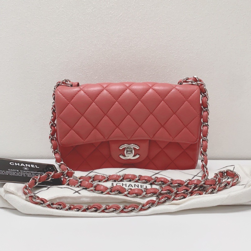 Chanel CF大mini粉色羊皮菱格鏈條肩背斜背包 20 ×12×6 98新配件塵袋保卡-1