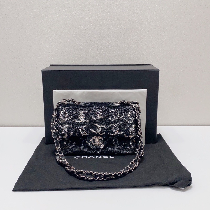 Chanel香奈兒cf大mini 23k黑銀亮片肩背斜背鏈條包 芯片款20×14×6cm 99新配件塵袋盒子-1