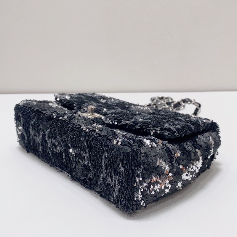 Chanel香奈兒cf大mini 23k黑銀亮片肩背斜背鏈條包 芯片款20×14×6cm 99新配件塵袋盒子-3