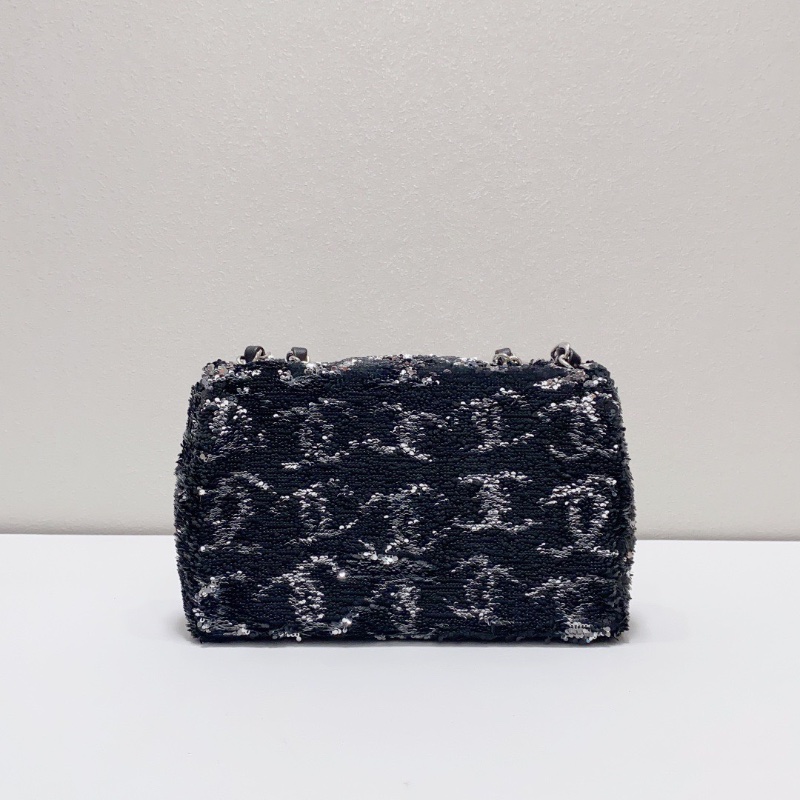 Chanel香奈兒cf大mini 23k黑銀亮片肩背斜背鏈條包 芯片款20×14×6cm 99新配件塵袋盒子-5