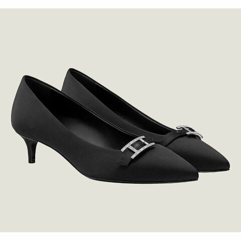 🌟Hermes 愛馬仕 Blush 40 pump 黑色緞面水晶釦 尖頭跟鞋 36號/全新全配