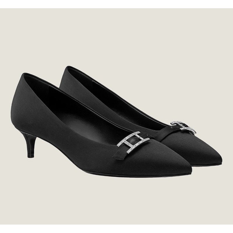 🌟Hermes 愛馬仕 Blush 40 pump 黑色緞面水晶釦 尖頭跟鞋 36號/全新全配-0