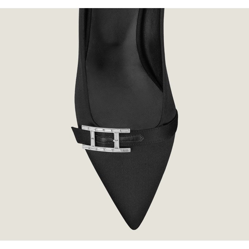 🌟Hermes 愛馬仕 Blush 40 pump 黑色緞面水晶釦 尖頭跟鞋 36號/全新全配-4