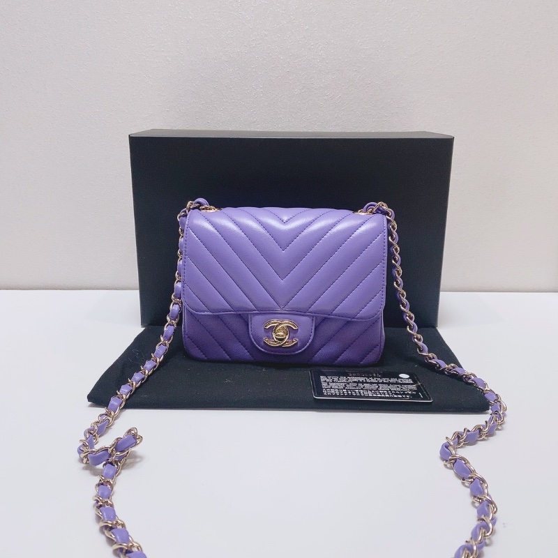 Chanel 紫色金扣V紋羊皮cf方胖子鏈條包肩背斜背包17×12×7.5 98新配件塵袋保卡盒子-1