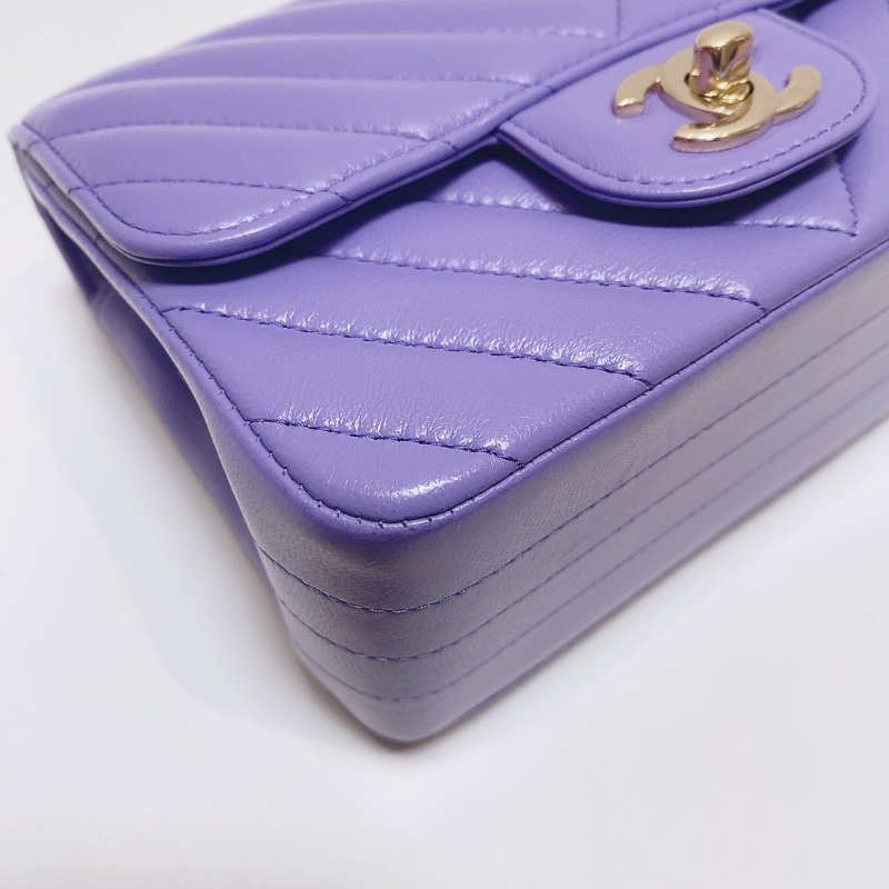 Chanel 紫色金扣V紋羊皮cf方胖子鏈條包肩背斜背包17×12×7.5 98新配件塵袋保卡盒子-3