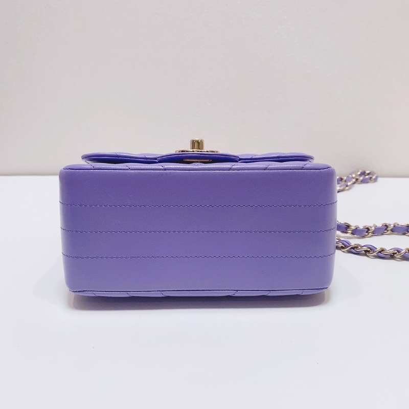 Chanel 紫色金扣V紋羊皮cf方胖子鏈條包肩背斜背包17×12×7.5 98新配件塵袋保卡盒子-4