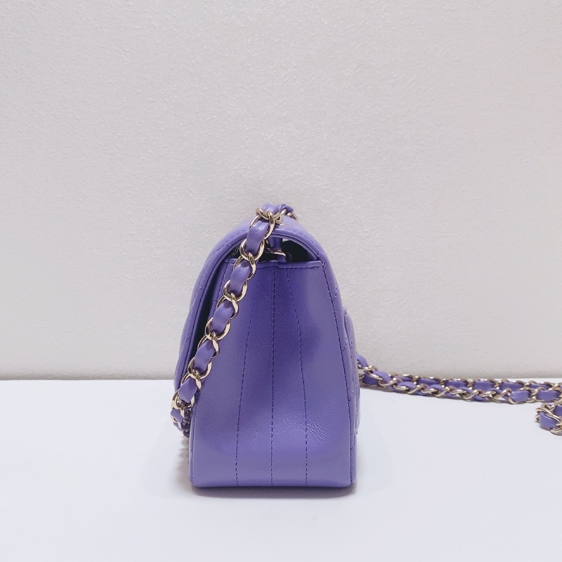 Chanel 紫色金扣V紋羊皮cf方胖子鏈條包肩背斜背包17×12×7.5 98新配件塵袋保卡盒子-5