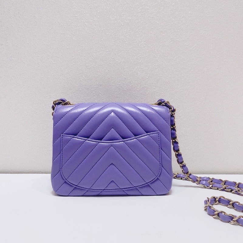 Chanel 紫色金扣V紋羊皮cf方胖子鏈條包肩背斜背包17×12×7.5 98新配件塵袋保卡盒子-6
