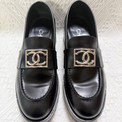 97新 Chanel 香奈兒黑銀 厚底鞋樂福鞋休閒皮鞋 36碼