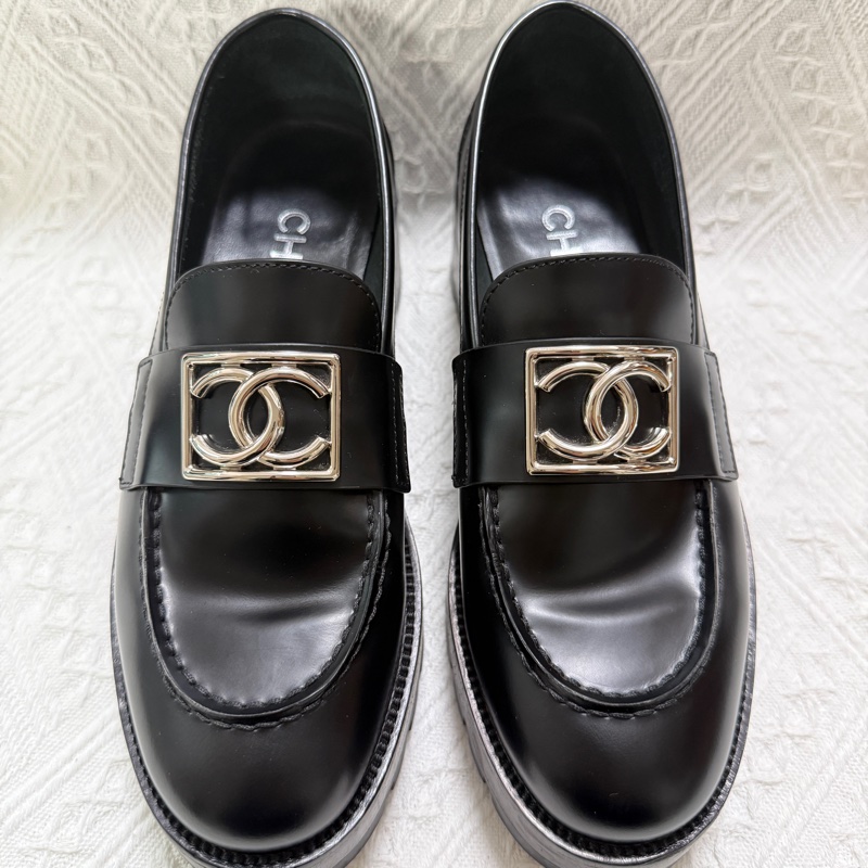 97新 Chanel 香奈兒黑銀 厚底鞋樂福鞋休閒皮鞋 36碼-11