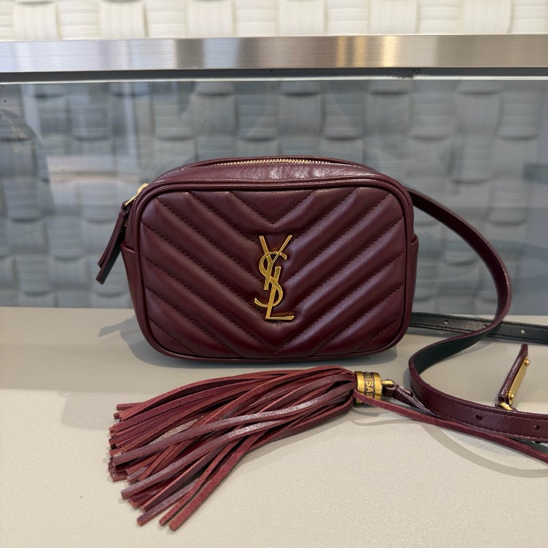 YSL 酒紅色金扣全皮流蘇腰包斜背包-0