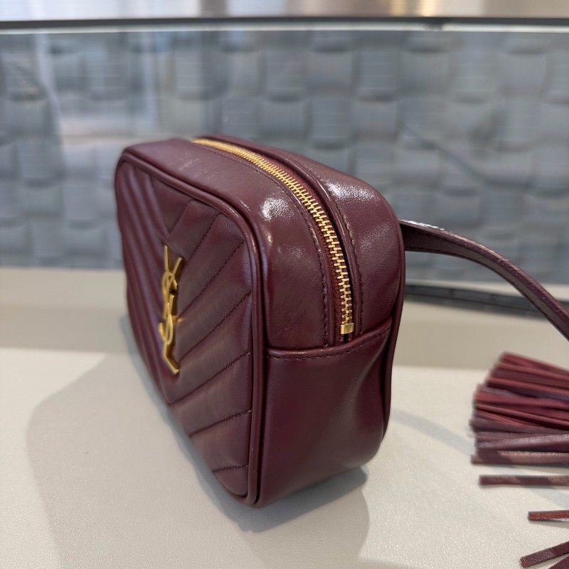 YSL 酒紅色金扣全皮流蘇腰包斜背包-1