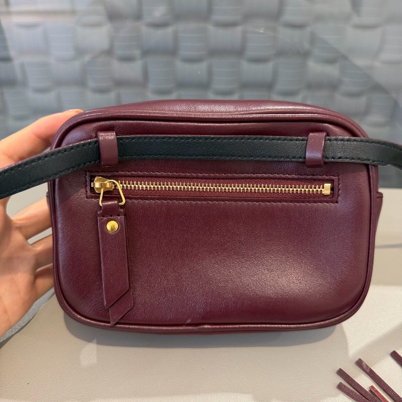 YSL 酒紅色金扣全皮流蘇腰包斜背包-2