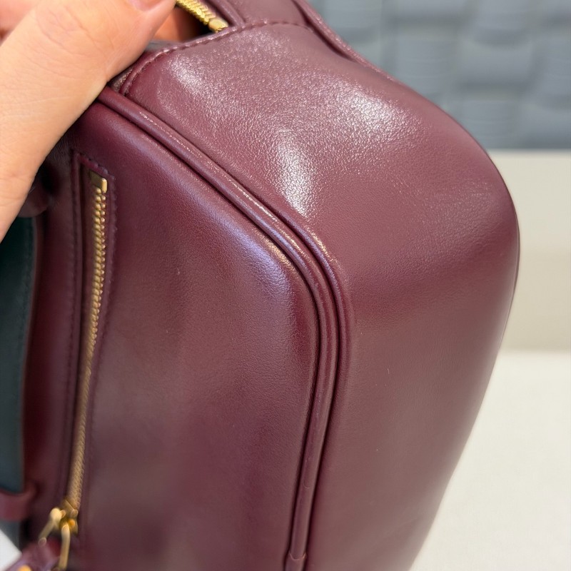 YSL 酒紅色金扣全皮流蘇腰包斜背包-8
