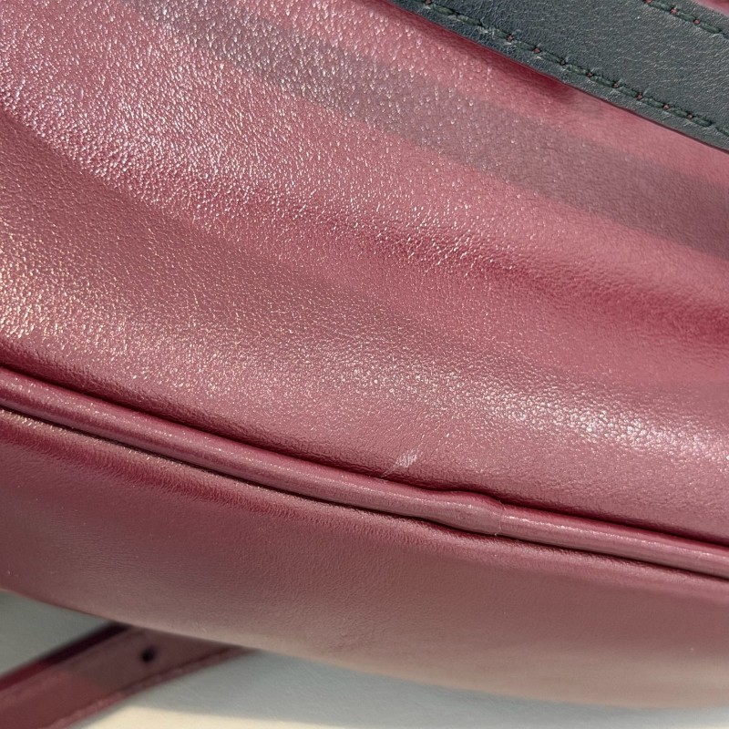 YSL 酒紅色金扣全皮流蘇腰包斜背包-11