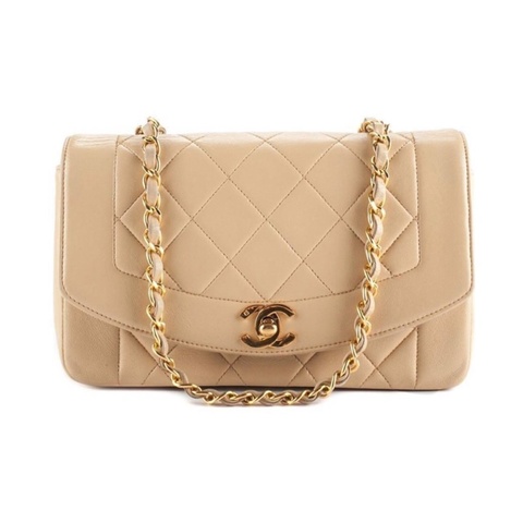 CHANEL 香奈兒 ｜Diana Flap 黛妃奶茶羊皮金扣包 肩背包（中古）