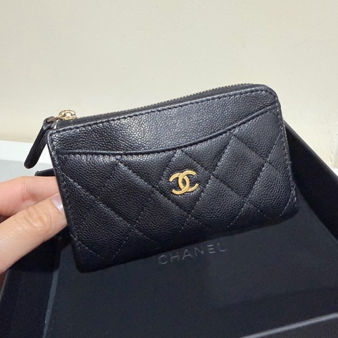 Chanel 香奈兒 L型 荔枝牛皮 卡夾 零錢包 黑 金