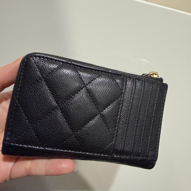 Chanel 香奈兒 L型 荔枝牛皮 卡夾 零錢包 黑 金-1