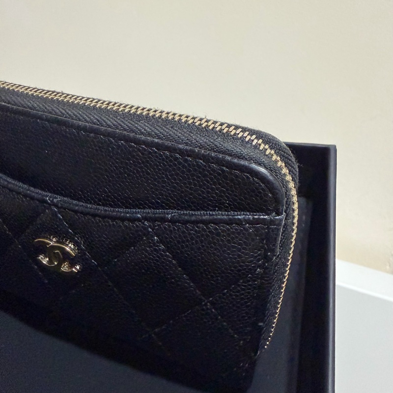 Chanel 香奈兒 L型 荔枝牛皮 卡夾 零錢包 黑 金-11