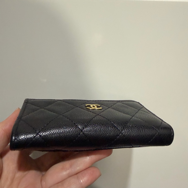 Chanel 香奈兒 L型 荔枝牛皮 卡夾 零錢包 黑 金-23