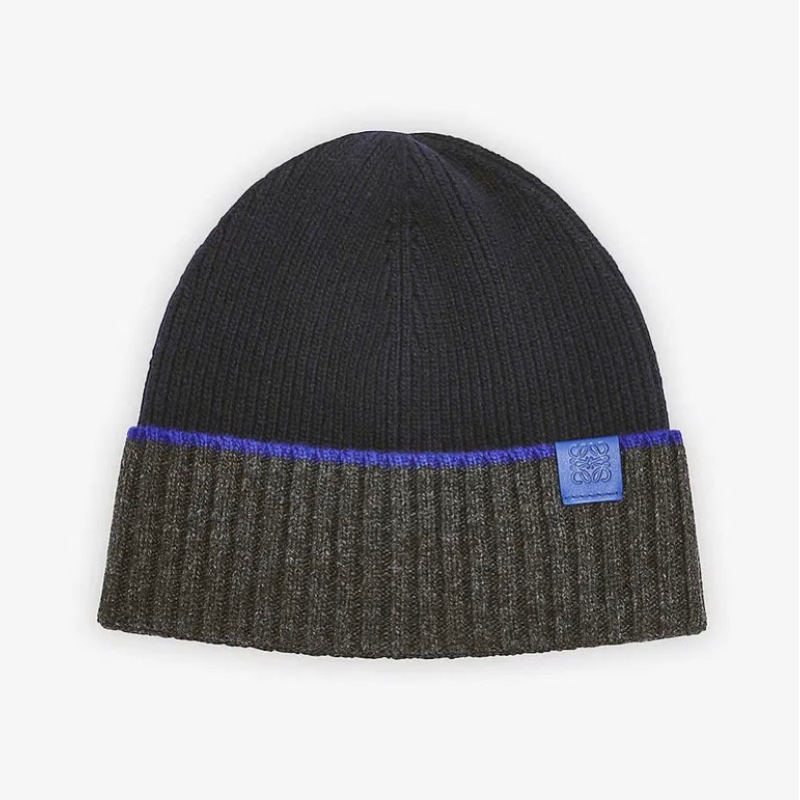 台灣👑Loewe 羅意威 羅威 100% 羊毛 毛帽 男生、女生都可以戴 深藍拼灰色 送禮 禮物-4