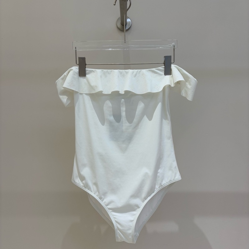 閑置未使用 LV1463 路易威登 LOUIS VUITTON 泳衣花邊鏤空一字領修身連體衣 女款白色 尺寸38-0