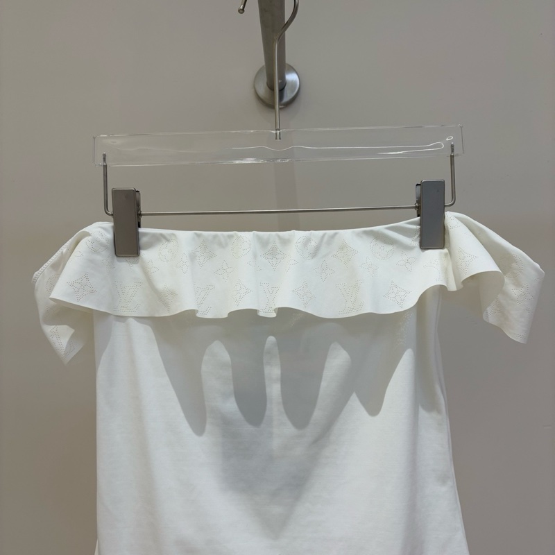 閑置未使用 LV1463 路易威登 LOUIS VUITTON 泳衣花邊鏤空一字領修身連體衣 女款白色 尺寸38-2