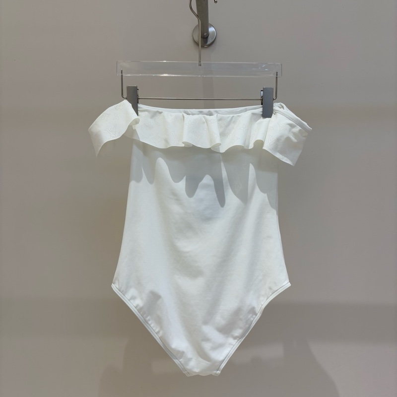 閑置未使用 LV1463 路易威登 LOUIS VUITTON 泳衣花邊鏤空一字領修身連體衣 女款白色 尺寸38-10