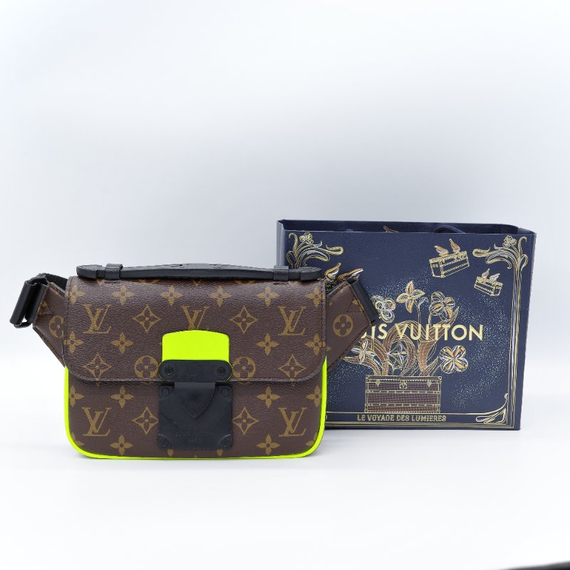 Louis Vuitton 路易威登 S-Lock 老花 深棕色 螢光黃 塗層帆布 斜背包-0