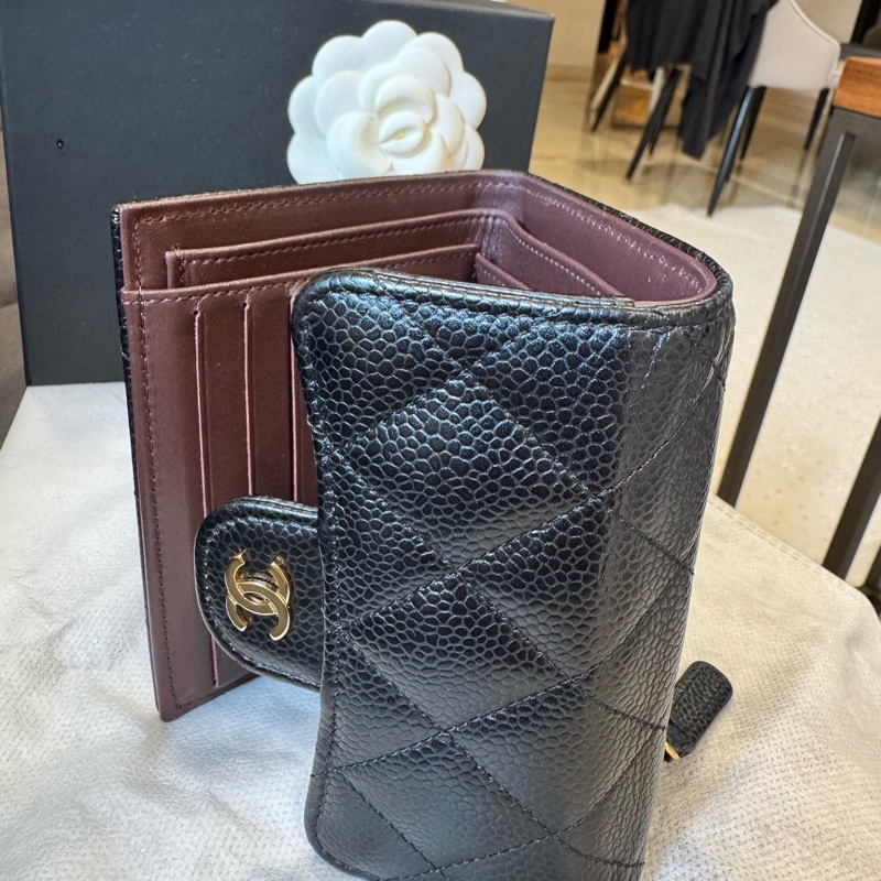 CHANEL 荔枝菱格紋牛皮 三摺短夾 金釦-14