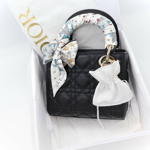 Dior 迪奧 Lady Dior mini 黑色 籐格紋羊皮 羊皮 肩背包 小型手提包 附背帶及L'Étoile Mitzah 絲巾