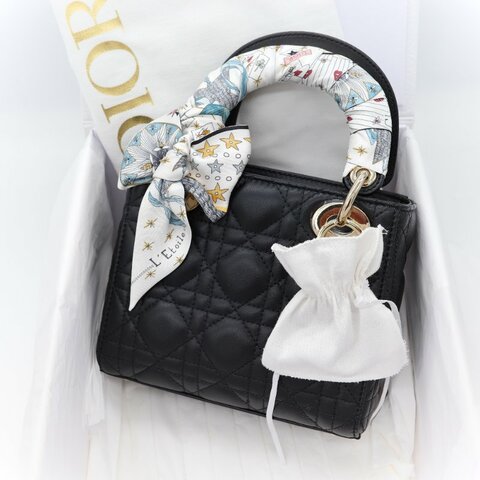 (專櫃 175,000) 近新品況🎁 配件齊全 Dior 迪奧 Lady Dior mini 黑色 籐格紋羊皮 羊皮 肩背包 小型手提包 附背帶及L'Étoile Mitzah 絲巾