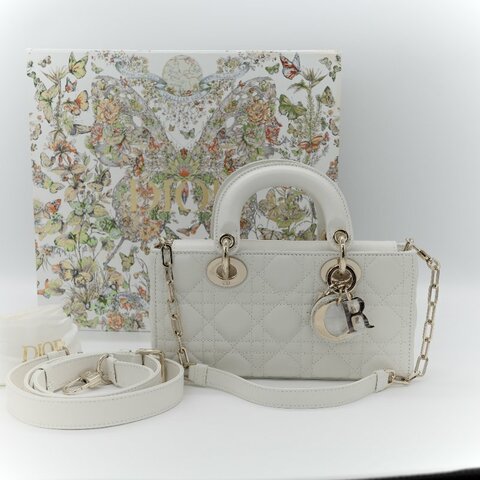 Dior 迪奧 Lady D-Joy Cannage 籐格紋 奶白色 羊皮 肩背包 小型手提包 附背帶