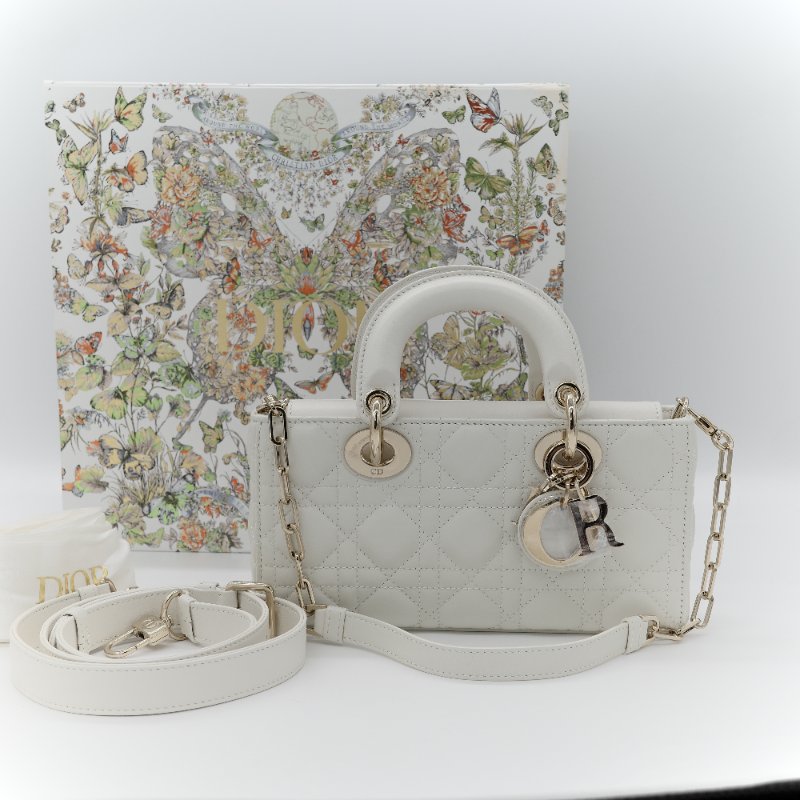 (專櫃 160,000) 近新品🎁 超級新 Dior 迪奧 Lady D-Joy Cannage 籐格紋 奶白色 羊皮 肩背包 小型手提包 附背帶-0